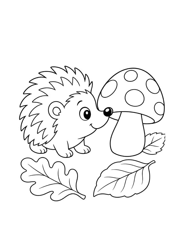 Coloring page: hedgehog with a mushroom